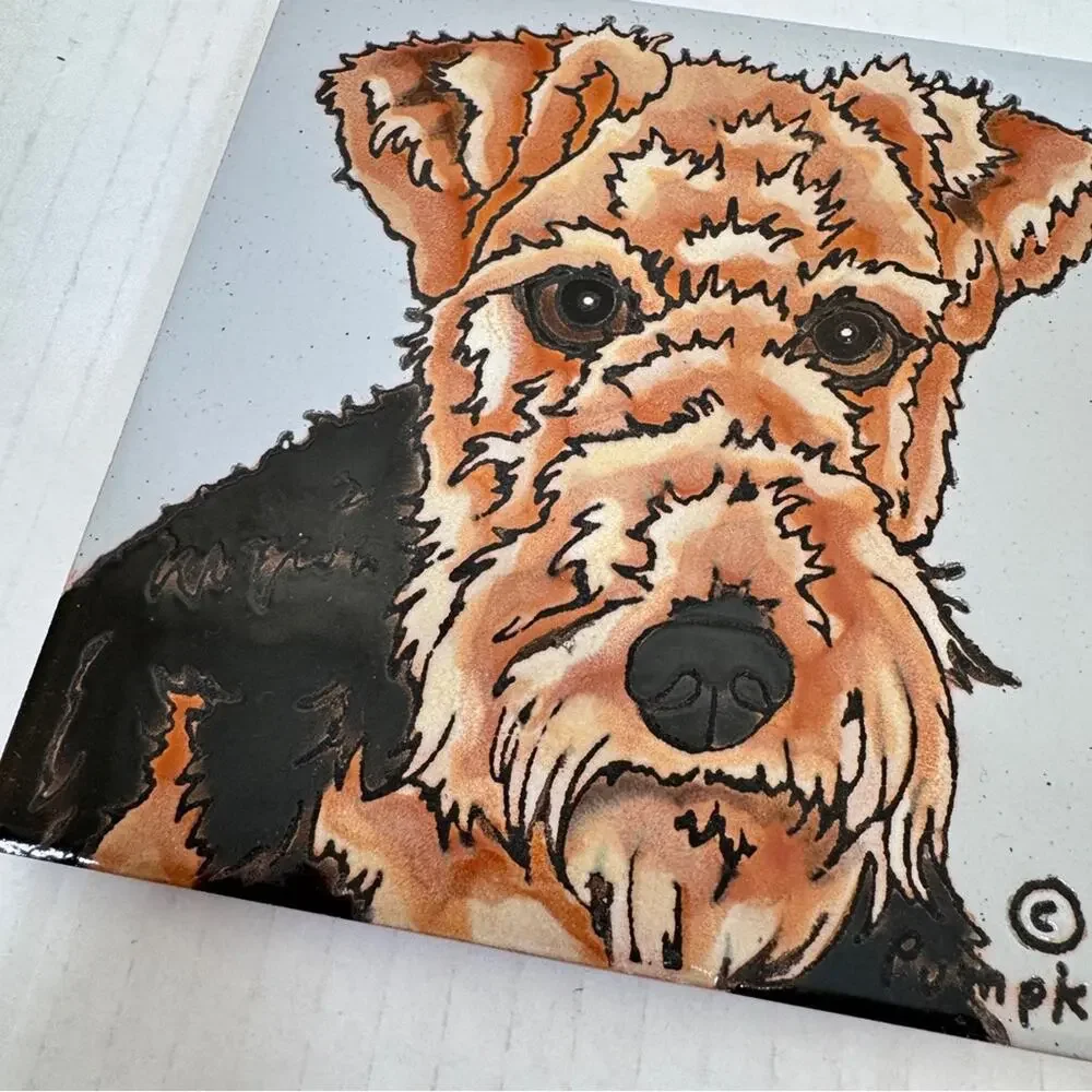 Hand Painted Pumpkin Tile Airedale Terrier Dog 6x6 Trivet Kitchen